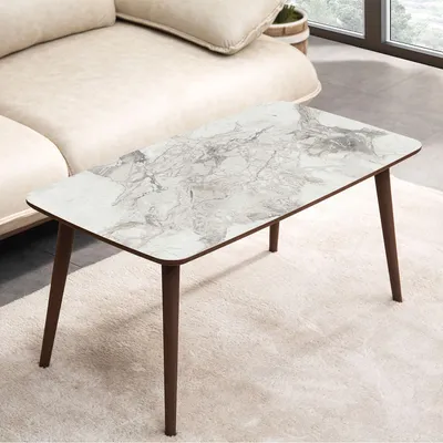 Produktbild von Skye Decor, Moderner Couchtisch aus 100% MDF, 100 x 53 x 45 cm, Weiß mit Holzbeinen, 18 mm dick, Marmor-Design | Stilvoll und funktional für jedes Wohnzimmer.