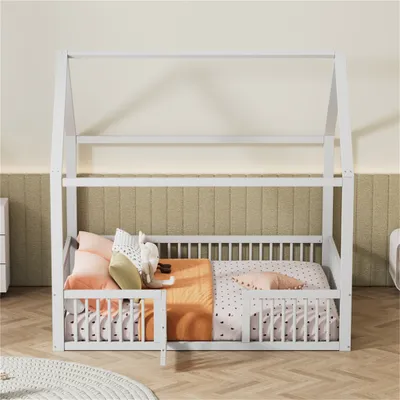 Produktbild von Massivholzbett 140*200cm Massivholzbett, Doppelbett, Flachbett, Hausbett, Hausbett mit Türchen, weiß