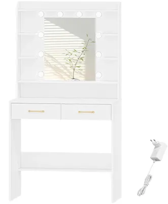 Image de Coiffeuse avec miroir - Coiffeuse - Éclairage LED à intensité variable - Étagères - 2 tiroirs - Style moderne et minimaliste - Blanc