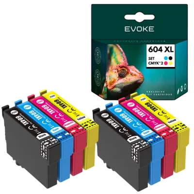 Obrázok produktu pre Kompatibilné atramenty Evoke pre tlačiarne Epson 604XL 604 XL T10H6, balenie 8 ks (2x CMYK: 2x čierna, 2x azúrová, 2x purpurová, 2x žltá), objem 76 ml, vhodné pre modely Expression Home XP-2200, 2205, 3200, 3205, 4200, 4205; WorkForce WF-2910DWF, 2930DWF, 2935DWF, 2950DWF