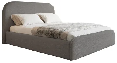 Image de Lit rembourré Bouclé 200x200 cm Wendra Slim avec tête de lit ronde - coffre de rangement, sommier à lattes métallique, Bouclé gris