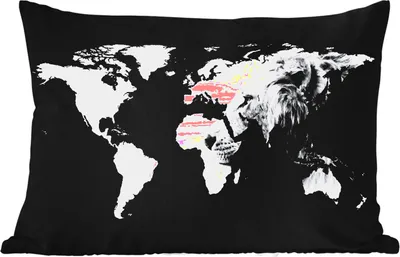 Produktbild von MuchoWow® Outdoor Kissen - Weltkarte - Schwarz - Weiß - Löwe - 60x40 cm - Wetterfest - Lounge Kissen - Zierkissen - Kissen für Innenräume