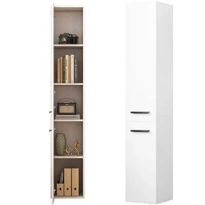 A tall, narrow white cabinet with shelves on the left and a closed cabinet on the right, against a white background.
