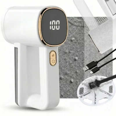 Productafbeelding van Elektrische pluizenverwijderaar USB-C oplaadbaar, 6-mes scheerkop van rvs, digitaal display, 1200 mAh accu, ontpluizer voor kleding en dekens, wit