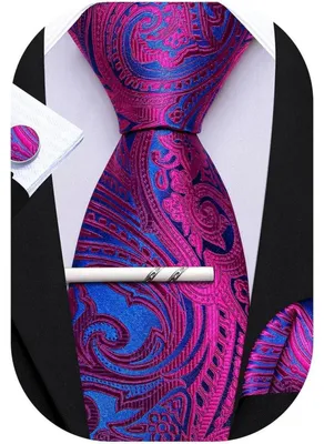 Produktbild von Krawatten Set mit Einstecktuch und Manschettenknöpfen Seide Blau Magenta Paisley