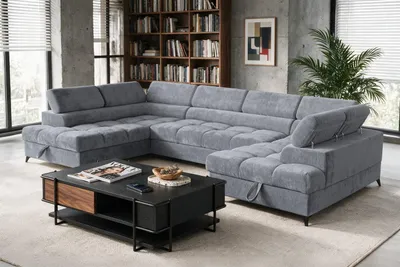 Produktbild von Sofiland BEVIANO Wohnlandschaft U-Form Schlaffunktion 345x202 cm Chenille Grau