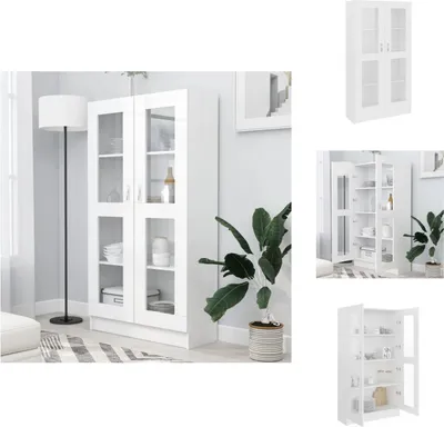 A collage of images showing a white display cabinet with glass doors, some with the doors open and some closed, and a plant in a pot.