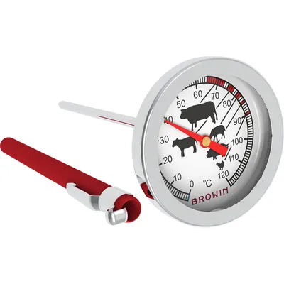 A meat thermometer with a red handle is shown next to its probe.