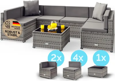 Produktbild von CASARIA® Gartenmöbel Set Lounge Polyrattan 5 Personen Wetterfest Balkonmöbel Tisch Sicherheitsglas Outdoor Terrasse Eck Sofa Sitzkissen Grau-Anthrazit