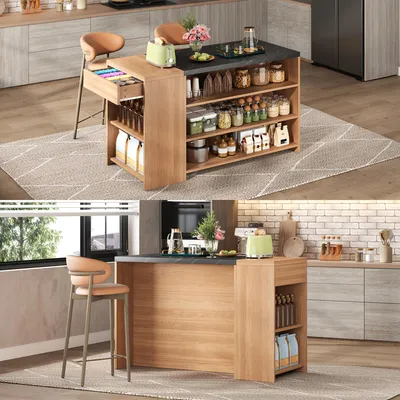 Productafbeelding van Keukeneiland met bartop, 140x60x90 cm, 5 opbergplanken, lade, versterkt tafelblad, eikenhout/zwart marmer.