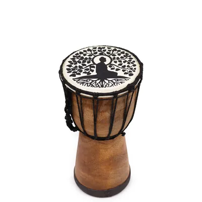 Produktbild von Handgefertigte Djembe-Trommel mit breiter Decke, Buddha-Design, 25cm