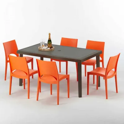 Produktbild von Polyrattan Tisch Rechteckig mit 6 Bunten Stühlen 150x90 Braun Focus