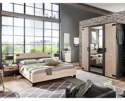 Produktbild von Schlafzimmer-Set mit Bett 180x200 cm & Kleiderschrank in Holzdekor mit graphit, 6-teilig - MONTELLA-43
