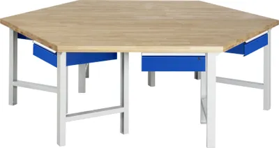 Produktbild von Gruppenarbeitsplätze, Gruppenwerkbank, Bucheplatte 40 mm, Höhe 840 mm, ohne Energieaufsatz, inkl. Werkbankfüßen, 6 Hängeschubladen