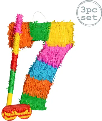 Produktbild von Fax Potato Nummer 7 Pinata Set mit Stick & Blindfold | 35 x 7,5 x 50 cm - Grün, Rot, Gelb
