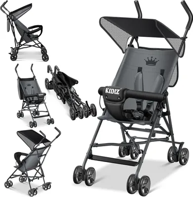 A collage of images showing a gray KIDIZ stroller from different angles and in different states of folding.