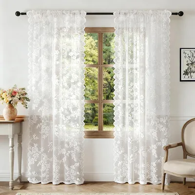 Image de Rideaux blancs, 2 panneaux avec motif floral, 75 x 200 cm, pour salon