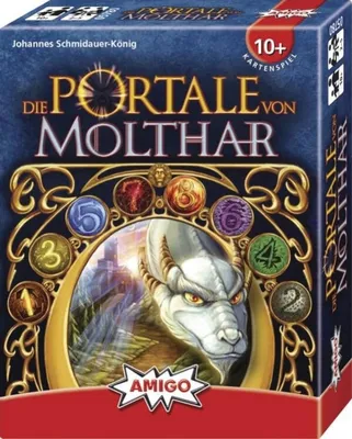 The image shows the front of a board game box for 'Die Portale von Molthar'.