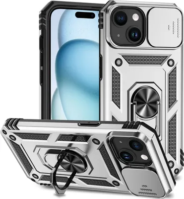 Image de Étui pour iPhone 15 étui double couche avec couvercle coulissant pour appareil photo et anneau de support Argent