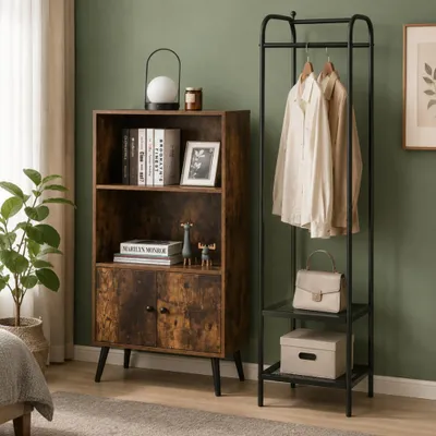 Immagine prodotto di Set angolare in legno massello (2 pezzi) – Appendiabiti angolare nero e libreria vintage a 3 ripiani