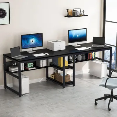 Image de Bureau double pour 2 personnes - Bureau d'ordinateur et poste de travail - 200 cm - Avec étagère et armoire - Bois d'acajou - Rectangulaire - Noir