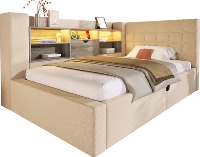 Immagine prodotto di okwish Divano letto a L 90x200 letto singolo con illuminazione a LED e vani a giorno sulla parete posteriore, letto da giorno per ragazzi con rete, beige (senza materasso)