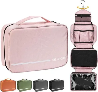 Produktbild von Große Kosmetiktasche, hängende Kosmetiktasche, 4-in-1, wasserdicht, für Reisen/Camping, rosa, modernes Design, ideal für Familien und zur Organisation