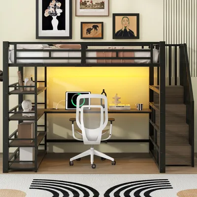 Obrázek produktu pro okwish vyvýšená postel 140×200 pro mládež, kovová postel s LED osvětlením a nabíjecí stanicí, rám dětské postele se čtyřpatrovým regálem a integrovaným psacím stolem, černá (bez matrace)