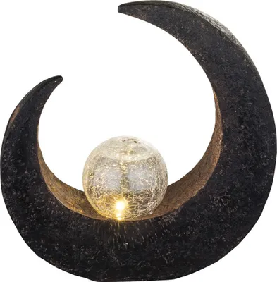 A solar-powered decorative light with a crescent moon-shaped base and a crackled glass orb in the center.