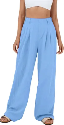 Produktbild von ASKSA Damen Weite Bein Hose Hohe Taille Laessig Sommerhose Einfarbig Freizeithose mit Taschen, Himmelblau, Groesse: M