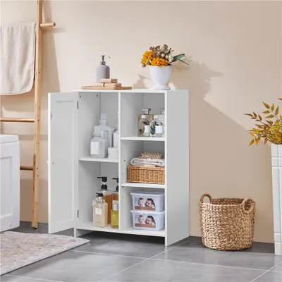 Zdjęcie produktu dla Yaheetech szafka łazienkowa midi z regulowaną półką, drzwiami i 3 otwartymi półkami, szafka do przechowywania w łazience, przedpokoju, kuchni, biała