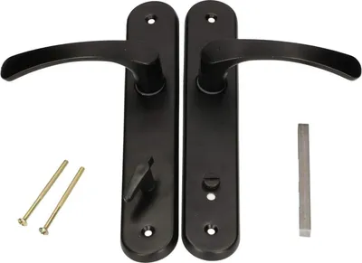A pair of black door handles with mounting hardware on a white background.