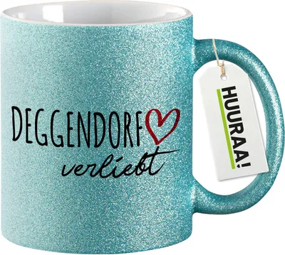 Produktbild von Huuraa Glitzertasse Deggendorf verliebt 330ml Blau Keramik Kaffeebecher Geschenkidee