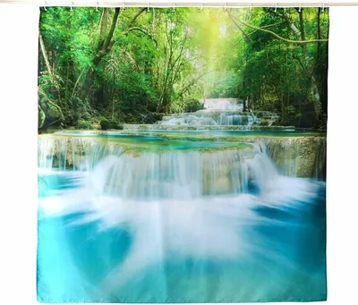Produktbild von Schimmelresistenter, wasserdichter Duschvorhang für Badezimmer, 100 % Polyestergewebe mit 12 Hakenringen, grünes Wasserfall-Design, 180 x 200 cm