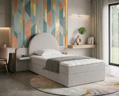 Obrázek produktu pro Postel NORDELO LUNA, potahová čalouněná, rozměr 100x200 cm, jednolůžko s zaoblenou opěrkou a úložným prostorem, designová postel s úložným prostorem