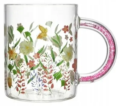 Produktbild von Transparenter Glasbecher 420 ml mit Blumenmuster und Glitzerhenkel
