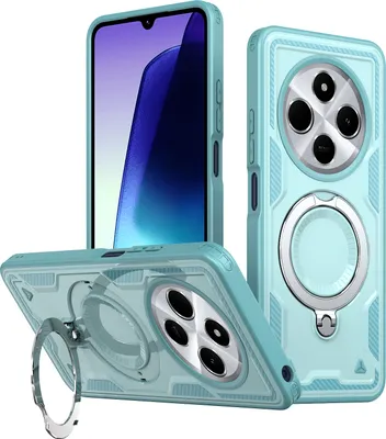 Produktbild von Dual Layer Hülle für Xiaomi Redmi 14C Metall Ring Ständer Magnetisch Stoßfest Militär Handyhülle Türkis