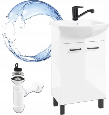 A white bathroom vanity with a sink and faucet, along with plumbing parts and a splash of water.
