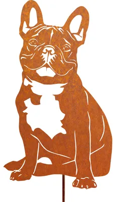 Gartenspike Französische Bulldogge aus Metall, rostig, 58 cm