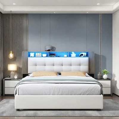 Image de Lit coffre double - Structure de lit - Sommier - Rangement intégré - Canapé-lit - 160x200 cm - Éclairage LED réglable