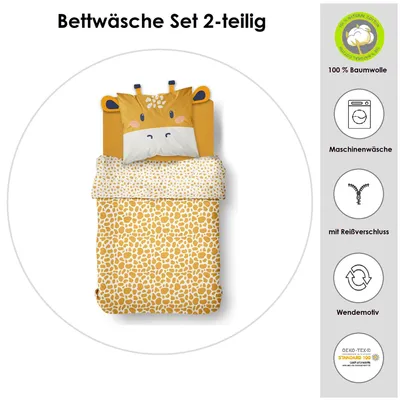 Produktbild von Kinderbettwäsche Set mit Ohren und Hörnern am Kopfkissen 135x200 80x80 cm Gelbes Tier Motiv mit Giraffe aus 100% Baumwolle mit Reißverschluss