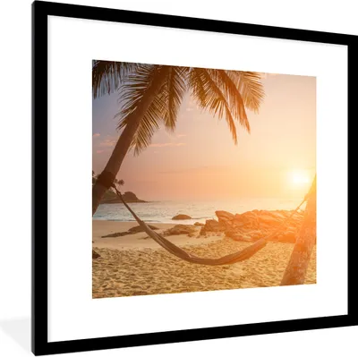 Produktbild von MuchoWow® Gerahmtes Poster Sommer - Sonnenuntergang - Hängematte 40x40 cm - Poster mit Schwarzem Bilderrahmen Wandposter Rahmen Foto Bilder - Poster - Plakat im Rahmen