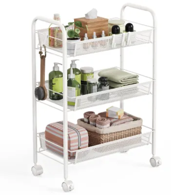 Image de Chariot de cuisine à 3 étagères, structure métallique sur roulettes avec poignée, pour la cuisine, la salle de bains, la chambre à coucher ou le bureau, blanc