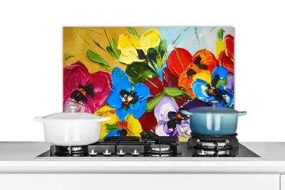 Obrázok produktu pre MuchoWow® Splashback Kuchyňa - Kuchynský backsplash - Ochrana steny pre sporák a drez Olejomaľba - Maľba - Kvety 60x40cm Alu-Dibond (alternatíva k