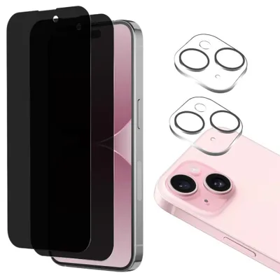 Produktbild von Schwarzes Anti-Spionage-Glas für iPhone 15 und Kameraschutz [2er-Pack] Displayschutzfolie  Phonillico®