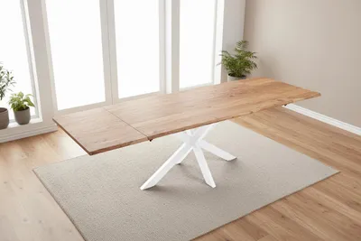 Produktbild von Esstisch mit Ansteckplatten 180(280)x90 cm Baumkante Akazie natur Spider-Gestell weiß AVINO