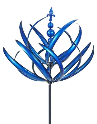 Produktbild von Garten Windspiel Metall 90cm Lotus Design, stabiler Windspinner mit Kugellager 360°, einfache Gartendeko für Außenbereich, Blau