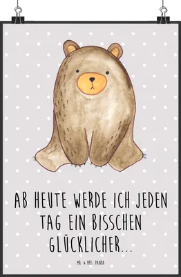Produktbild von Mr. & Mrs. Panda Bild Bär sitzend DIN A2 - Grau Pastell - Geschenk, Wanddekoration, drucke, Plakat, Teddy, Wandbild, wanddeko