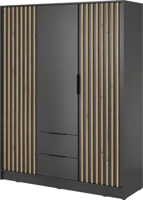 Produktbild von Kleiderschrank Stilo Graphit Grau mit Lamellen – 155 cm, 3 Türen, 2 Schubladen, Loft Design