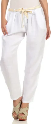 Produktbild von 317 Mississhop Damen Leinenhose lockere Freizeithose lange Hose mit Gürtel 100% Leinen Weiß